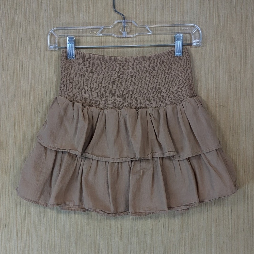 Mable Preppy Sorority Rush Boho Coquette Brown Tiered Ruffle Mini Skirt Small